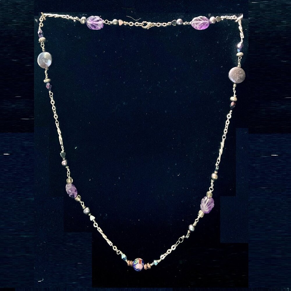 20” rhodium over silver, genuine Tahitian pearl & amethyst necklace